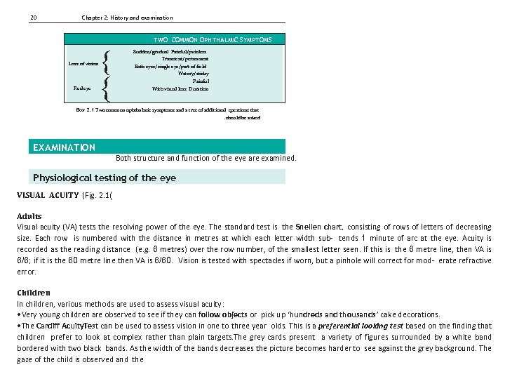 20 Chapter 2: History and examination Loss of vision Red eye TWO COMMON OPHTHALMIC