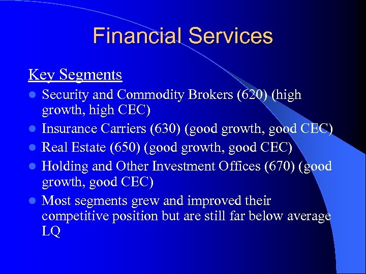 Financial Services Key Segments l l l Security and Commodity Brokers (620) (high growth,