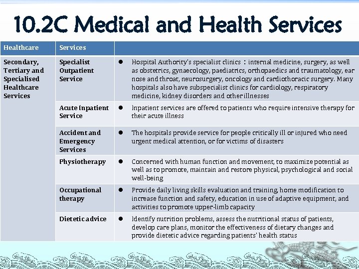10. 2 C Medical and Health Services Healthcare Services Secondary, Tertiary and Specialised Healthcare