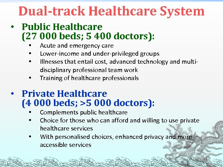Dual-track Healthcare System • Public Healthcare (27 000 beds; 5 400 doctors): • •