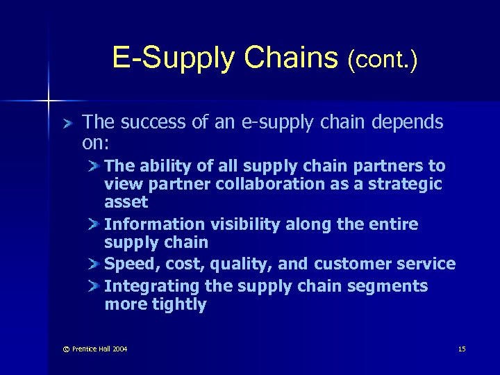 E-Supply Chains (cont. ) The success of an e-supply chain depends on: The ability