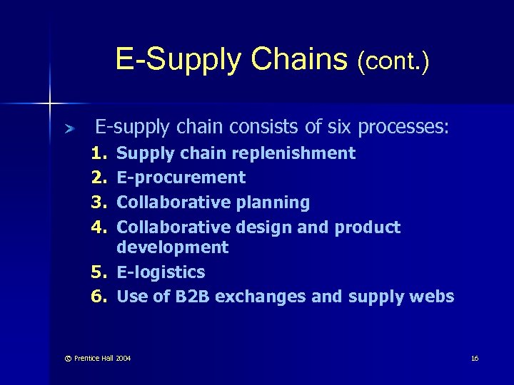 E-Supply Chains (cont. ) E-supply chain consists of six processes: 1. 2. 3. 4.