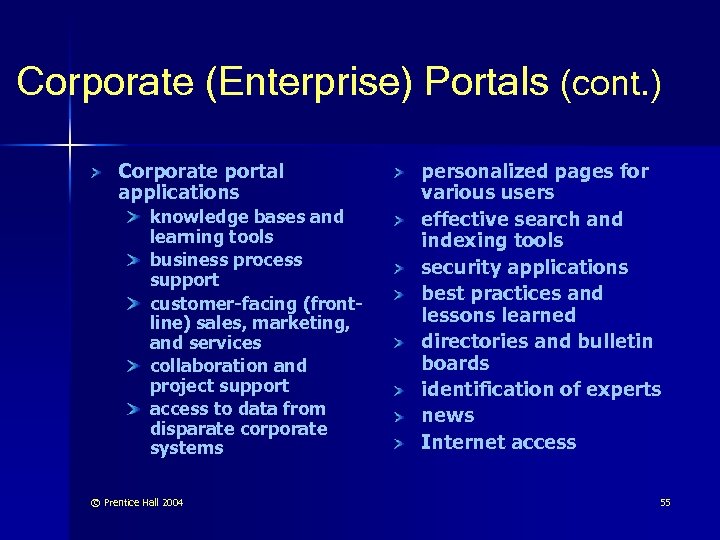 Corporate (Enterprise) Portals (cont. ) Corporate portal applications knowledge bases and learning tools business