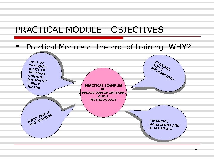 PRACTICAL MODULE - OBJECTIVES § Practical Module at the and of training. WHY? ROLE