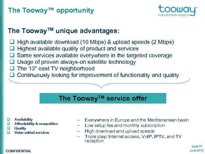 The Tooway™ opportunity The Tooway. TM unique advantages: q q q High available download