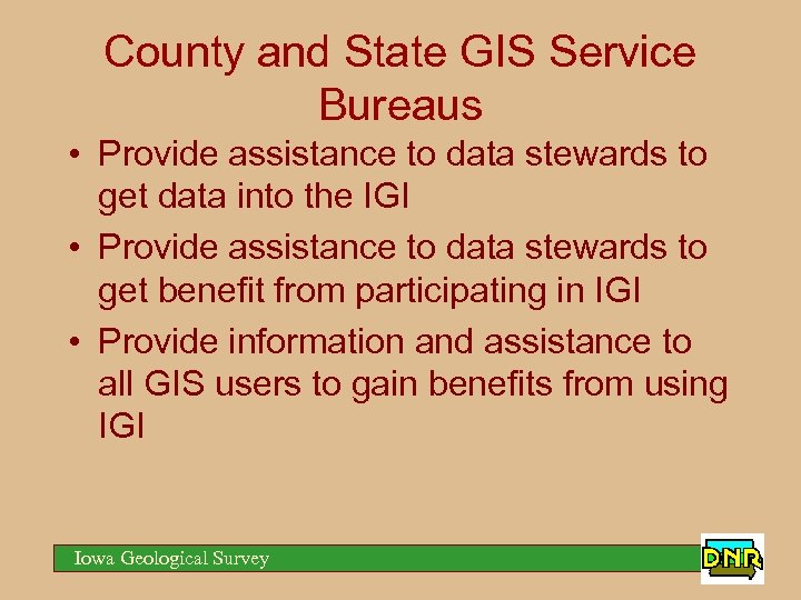 County and State GIS Service Bureaus • Provide assistance to data stewards to get