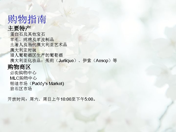 购物指南 主要特产 蛋白石及其他宝石 羊毛、纯棉及羊皮制品 土著人及当代澳大利亚艺术品 澳大利亚时装 猎人葡萄酒区生产的葡萄酒 澳大利亚化妆品：茱莉（Jurlique）、伊索（Aesop）等 购物商区 必街购物中心 MLC购物中心 帕迪市场（Paddy's Market) 岩石区市场