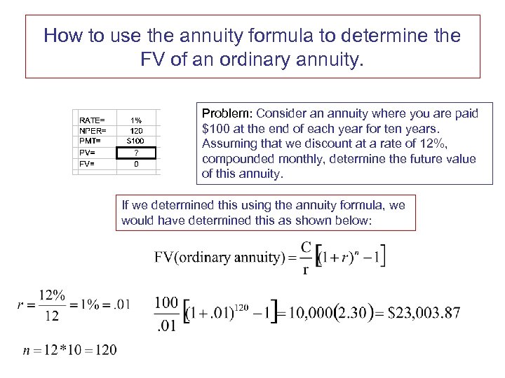 How to use the annuity formula to determine the FV of an ordinary annuity.