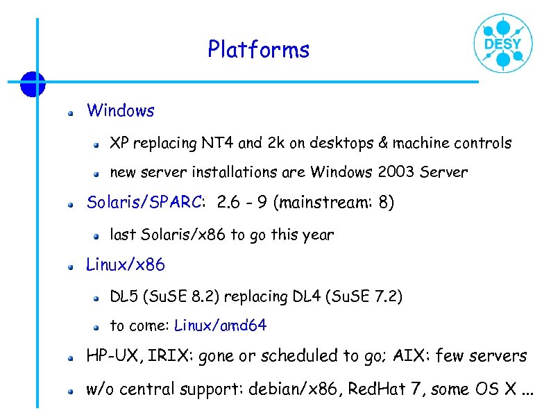 Platforms Windows XP replacing NT 4 and 2 k on desktops & machine controls
