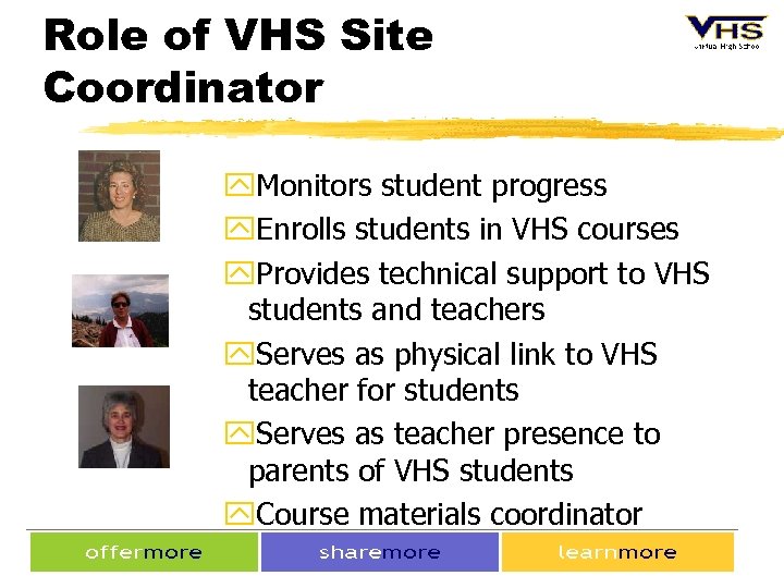 Role of VHS Site Coordinator y. Monitors student progress y. Enrolls students in VHS