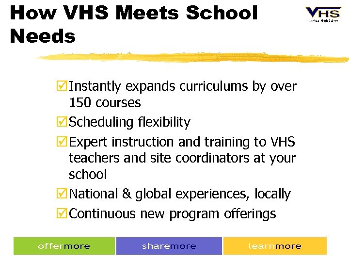 How VHS Meets School Needs þ Instantly expands curriculums by over 150 courses þ