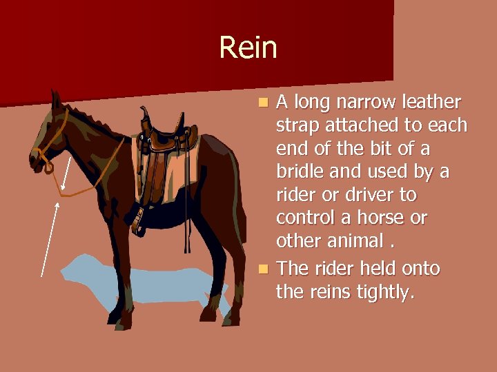 Rein A long narrow leather strap attached to each end of the bit of