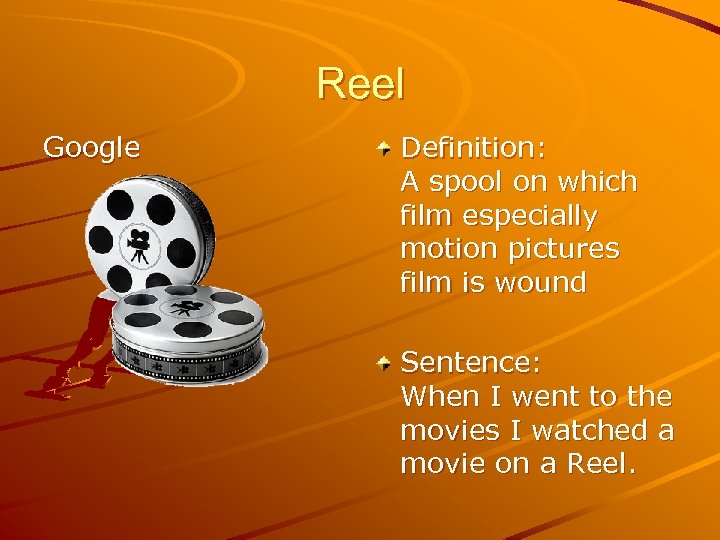 Reel Google Definition: A spool on which film especially motion pictures film is wound
