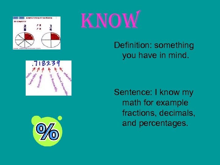 know Definition: something you have in mind. Sentence: I know my math for example