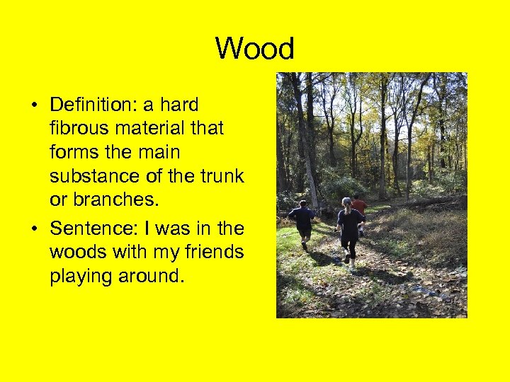Wood • Definition: a hard fibrous material that forms the main substance of the