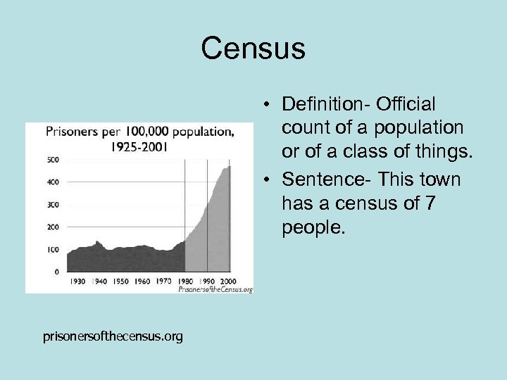 Census • Definition- Official count of a population or of a class of things.