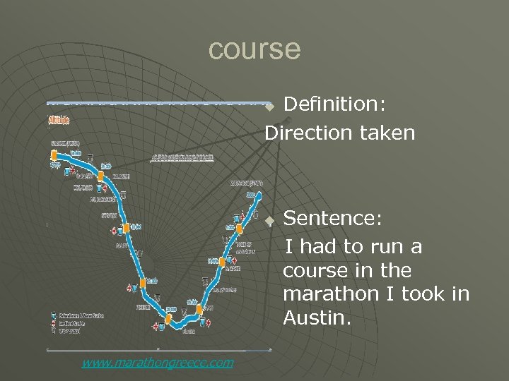course Definition: Direction taken u u www. marathongreece. com Sentence: I had to run