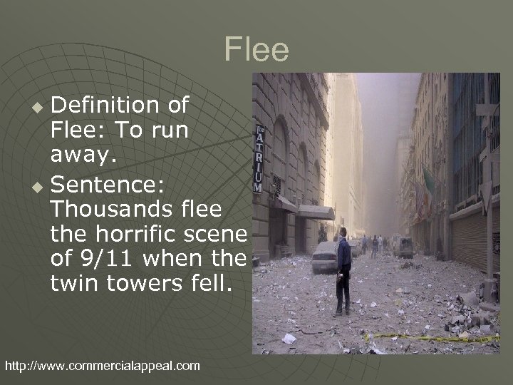 Flee Definition of Flee: To run away. u Sentence: Thousands flee the horrific scene