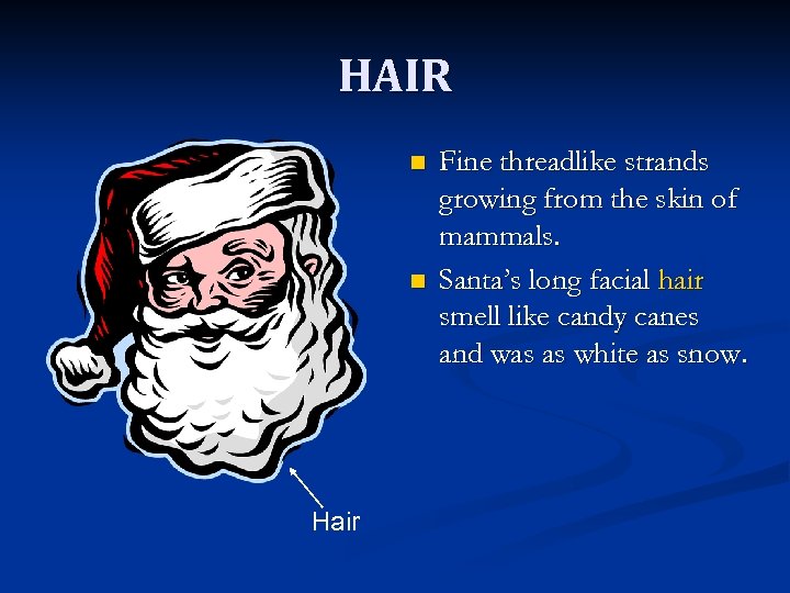 HAIR n n Hair Fine threadlike strands growing from the skin of mammals. Santa’s