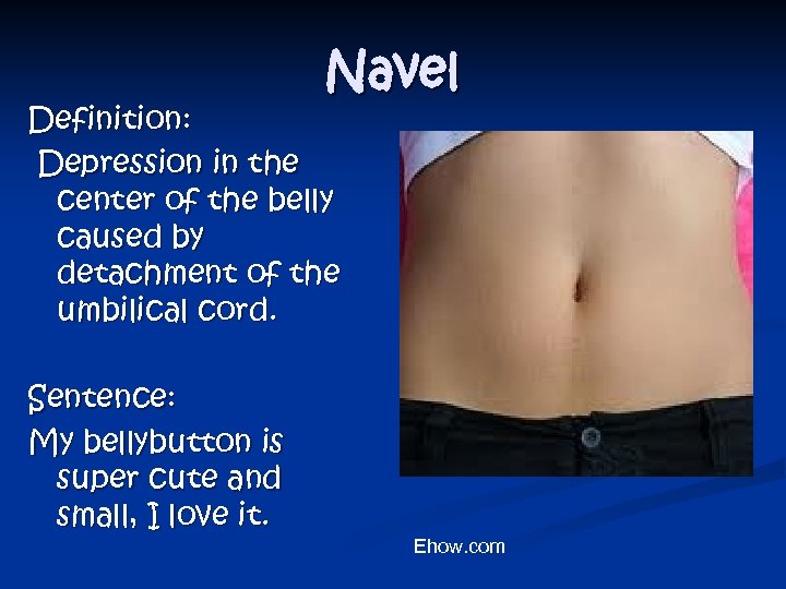 Navel Definition: Depression in the center of the belly caused by detachment of the