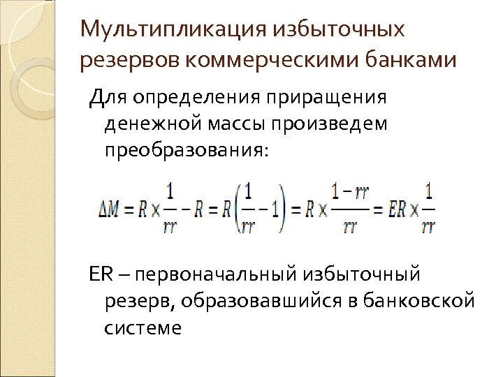 Мультипликация избыточных резервов коммерческими банками Для определения приращения денежной массы произведем преобразования: ER –
