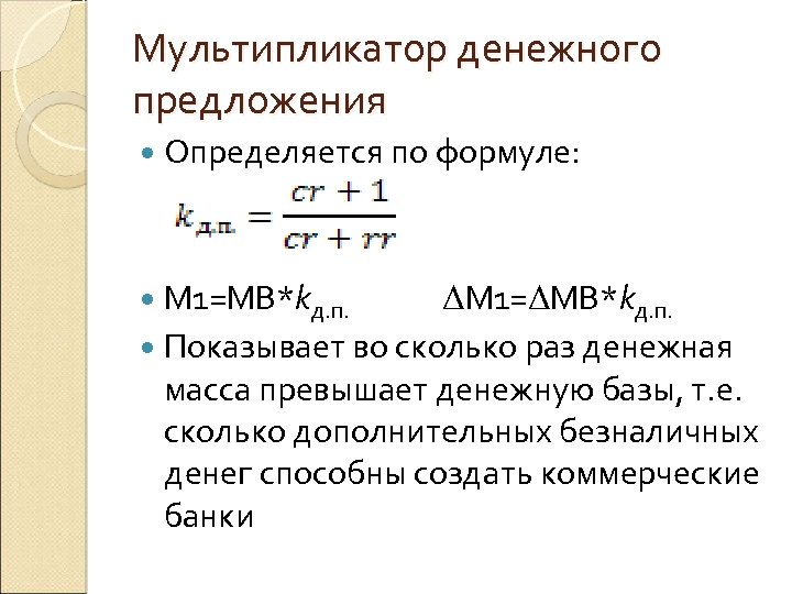 Мультипликатор денежного предложения Определяется по формуле: M 1=MB*kд. п. ΔM 1=ΔMB*kд. п. Показывает во