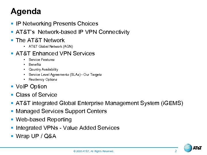 Agenda § IP Networking Presents Choices § AT&T’s Network-based IP VPN Connectivity § The