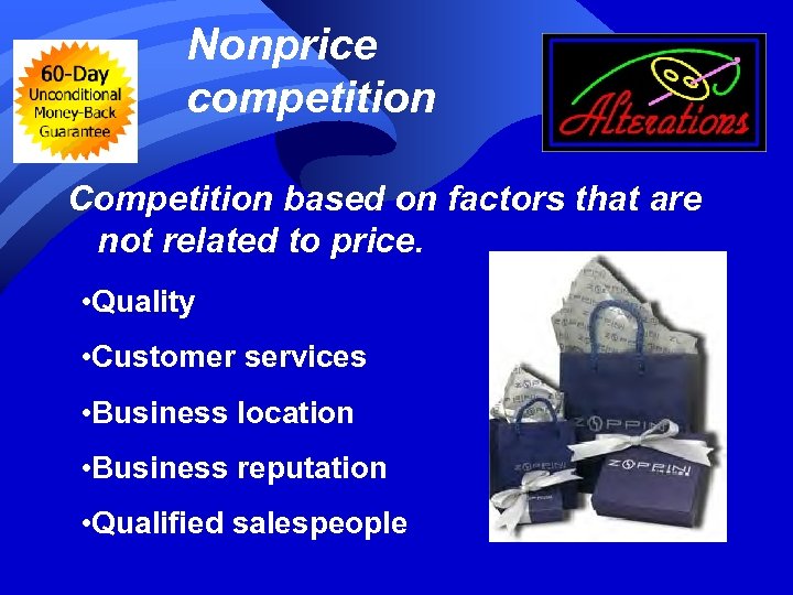 Nonprice competition Competition based on factors that are not related to price. • Quality