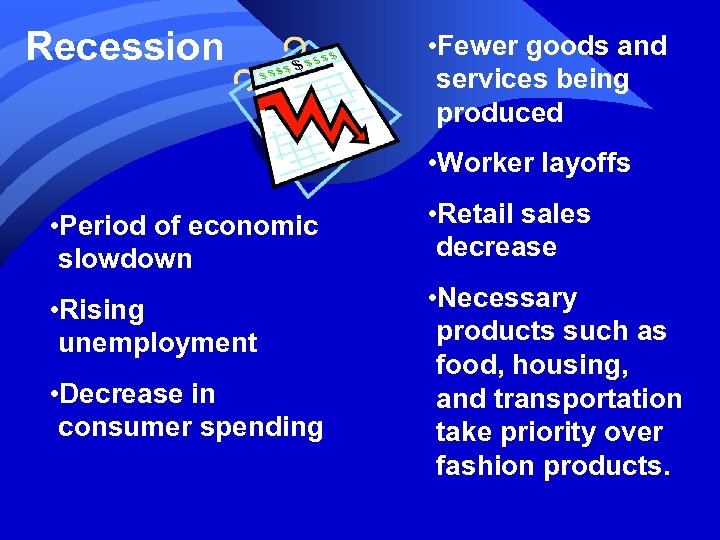 Recession • Fewer goods and services being produced • Worker layoffs • Period of
