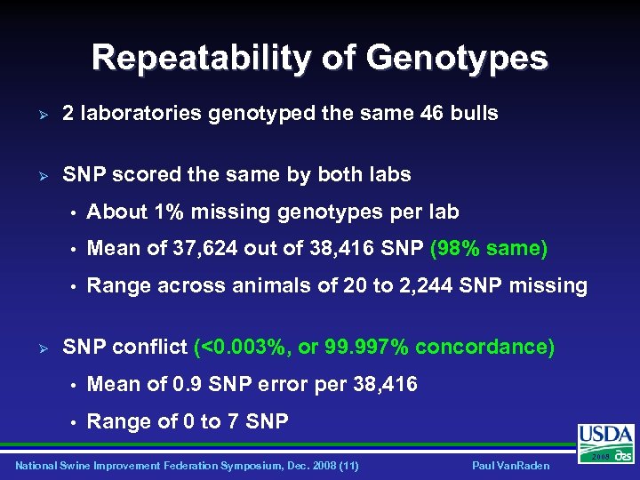 Repeatability of Genotypes Ø 2 laboratories genotyped the same 46 bulls Ø SNP scored