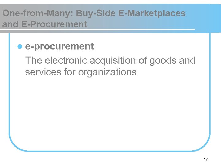 One-from-Many: Buy-Side E-Marketplaces and E-Procurement l e-procurement The electronic acquisition of goods and services