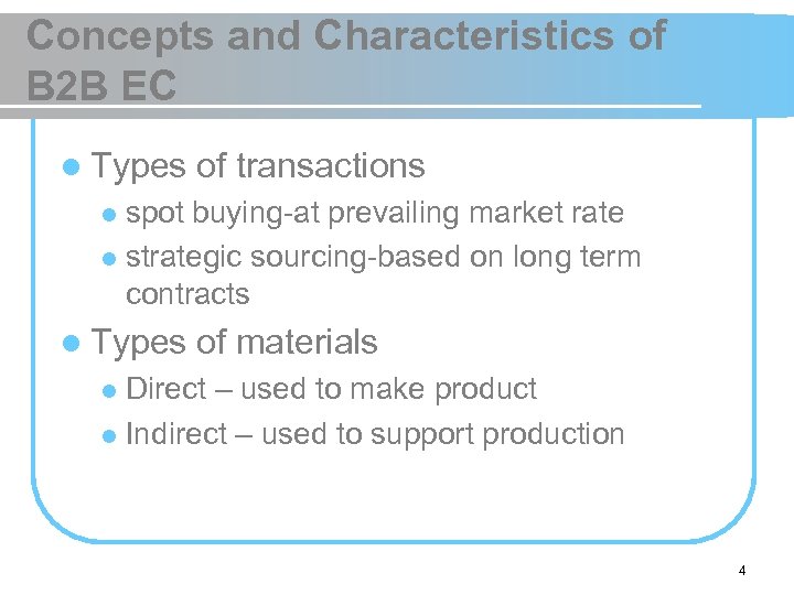 Concepts and Characteristics of B 2 B EC l Types of transactions spot buying-at