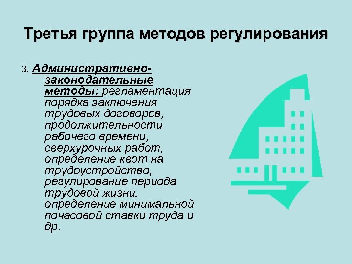 Третья группа методов регулирования 3. Административно- законодательные методы: регламентация порядка заключения трудовых договоров, продолжительности