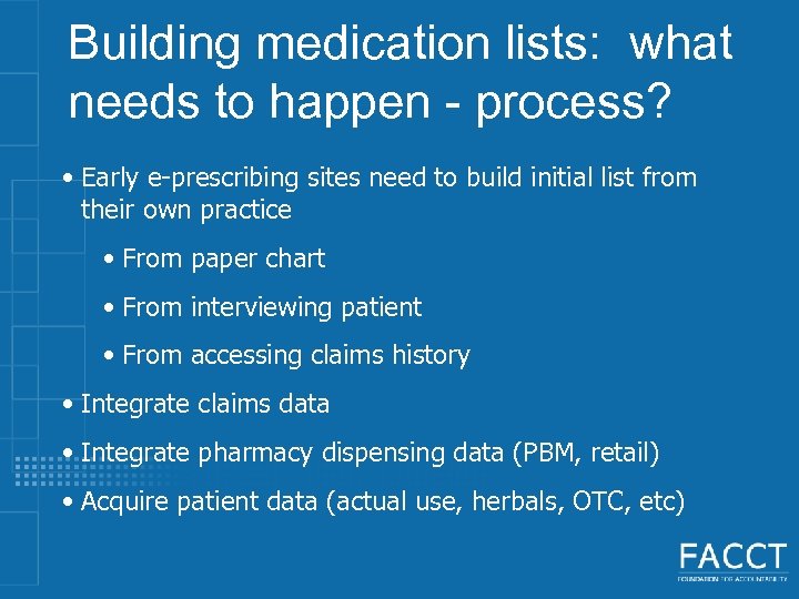 Building medication lists: what needs to happen - process? • Early e-prescribing sites need