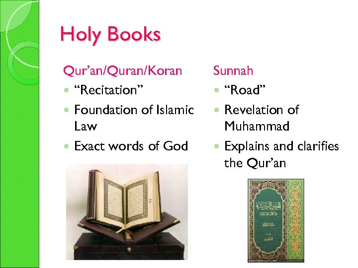 Holy Books Qur’an/Quran/Koran “Recitation” Foundation of Islamic Law Exact words of God Sunnah “Road”