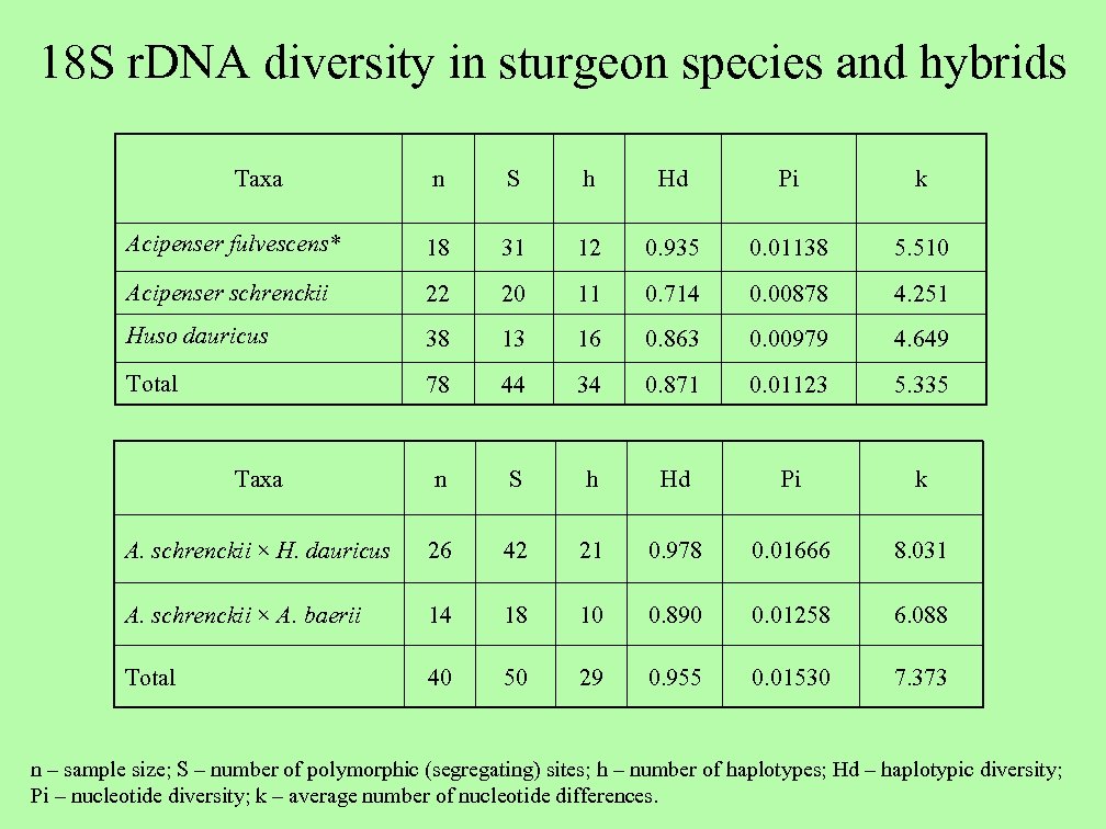 18 S r. DNA diversity in sturgeon species and hybrids Taxa n S h