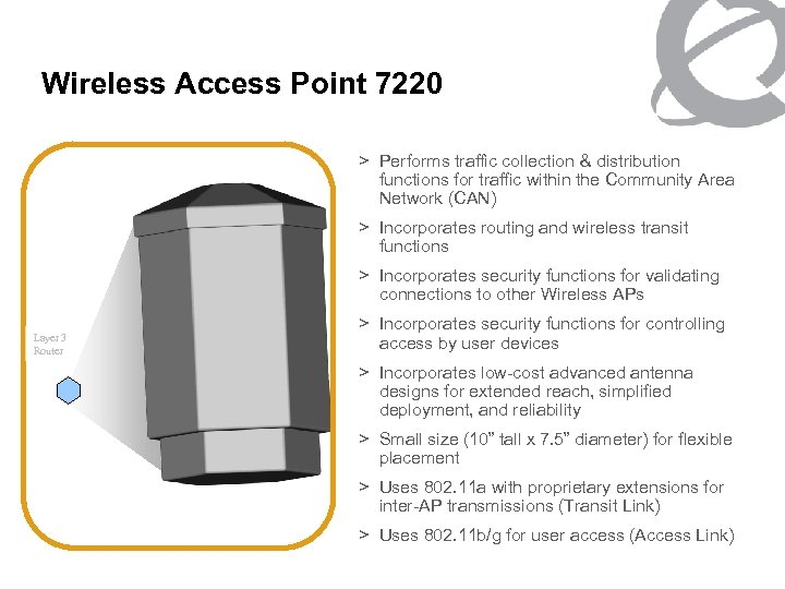 Wireless Access Point 7220 > Performs traffic collection & distribution functions for traffic within