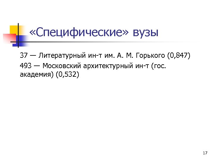  «Специфические» вузы 37 ― Литературный ин-т им. А. М. Горького (0, 847) 493