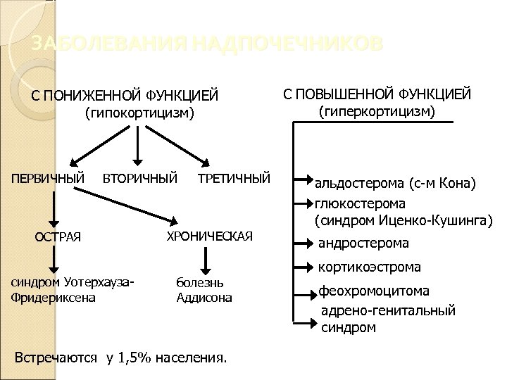 ЗАБОЛЕВАНИЯ НАДПОЧЕЧНИКОВ С ПОНИЖЕННОЙ ФУНКЦИЕЙ (гипокортицизм) ПЕРВИЧНЫЙ ВТОРИЧНЫЙ ОСТРАЯ синдром Уотерхауза. Фридериксена ТРЕТИЧНЫЙ ХРОНИЧЕСКАЯ