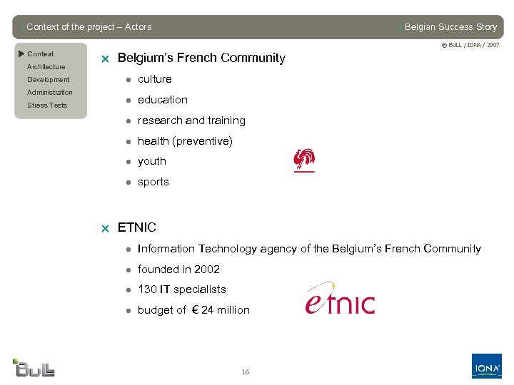 l Context of the project – Actors l Belgian Success Story © BULL /