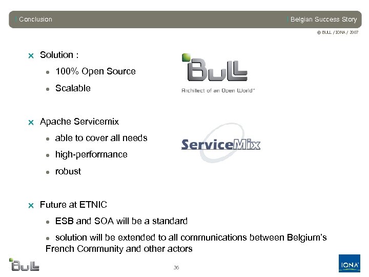 l Conclusion l Belgian Success Story © BULL / IONA / 2007 r Solution