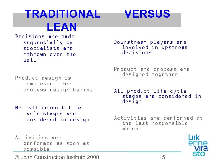  TRADITIONAL VERSUS LEAN Decisions are made sequentially by specialists and ‘thrown over the