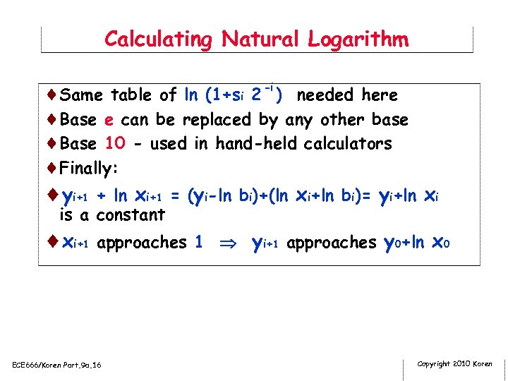 Calculating Natural Logarithm ¨Same table of ln (1+si 2 -i ) needed here ¨Base