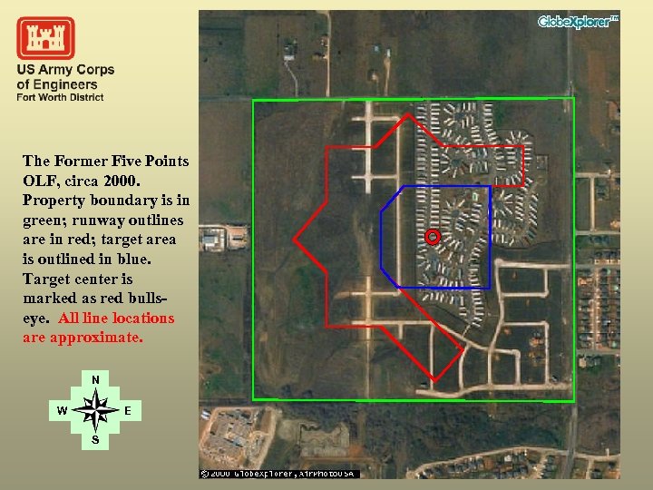 The Former Five Points OLF, circa 2000. Property boundary is in green; runway outlines