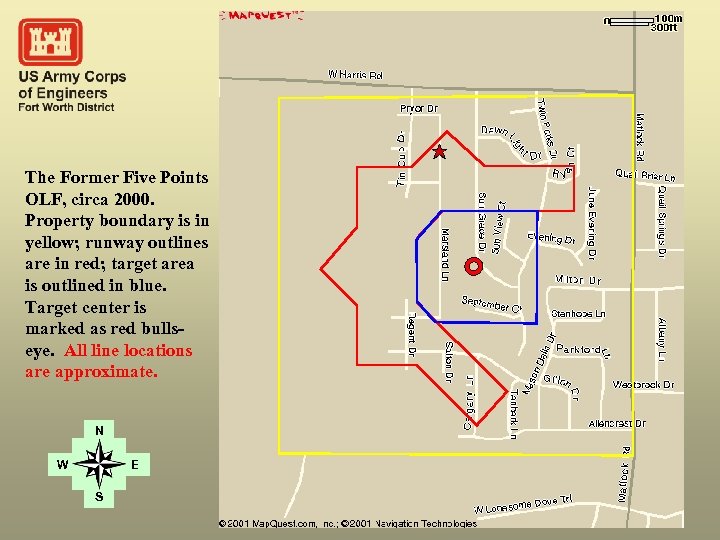 The Former Five Points OLF, circa 2000. Property boundary is in yellow; runway outlines