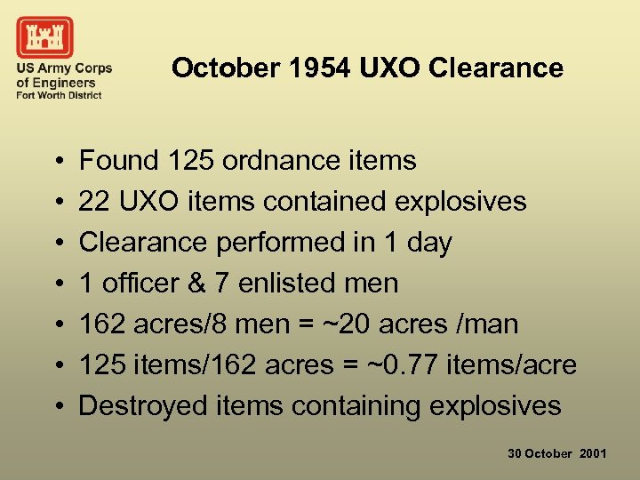 October 1954 UXO Clearance • • Found 125 ordnance items 22 UXO items contained