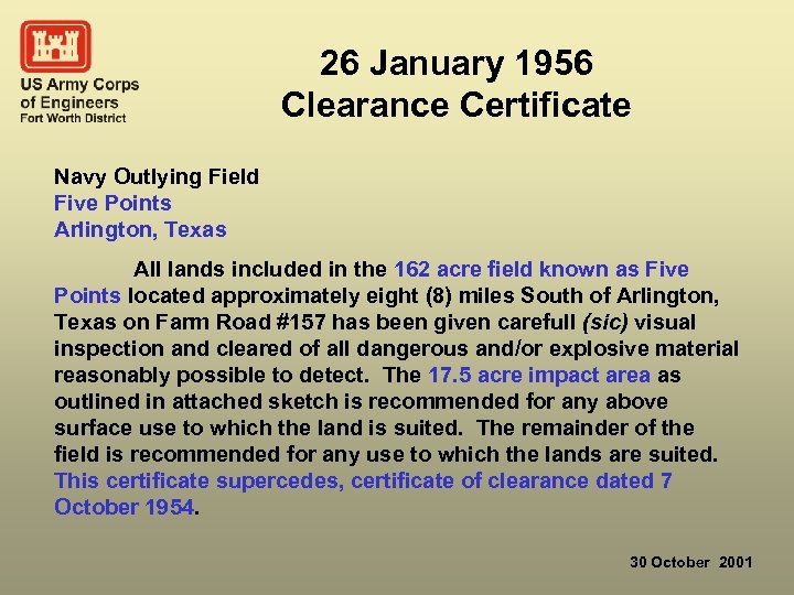 26 January 1956 Clearance Certificate Navy Outlying Field Five Points Arlington, Texas All lands