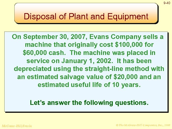 9 -40 Disposal of Plant and Equipment On September 30, 2007, Evans Company sells