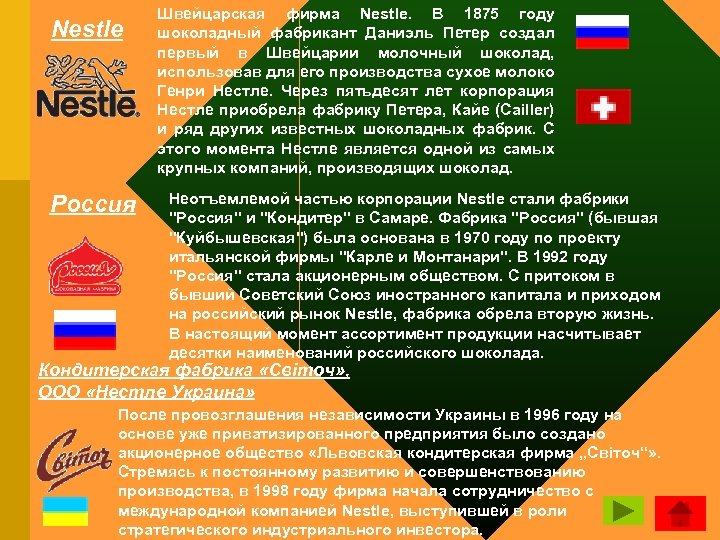  Nestle Россия Швейцарская фирма Nestle. В 1875 году шоколадный фабрикант Даниэль Петер создал