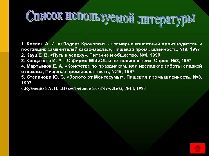 1. Козлов А. И. « «Лодерз Кроклаан» - всемирно известный производитель и поставщик заменителей